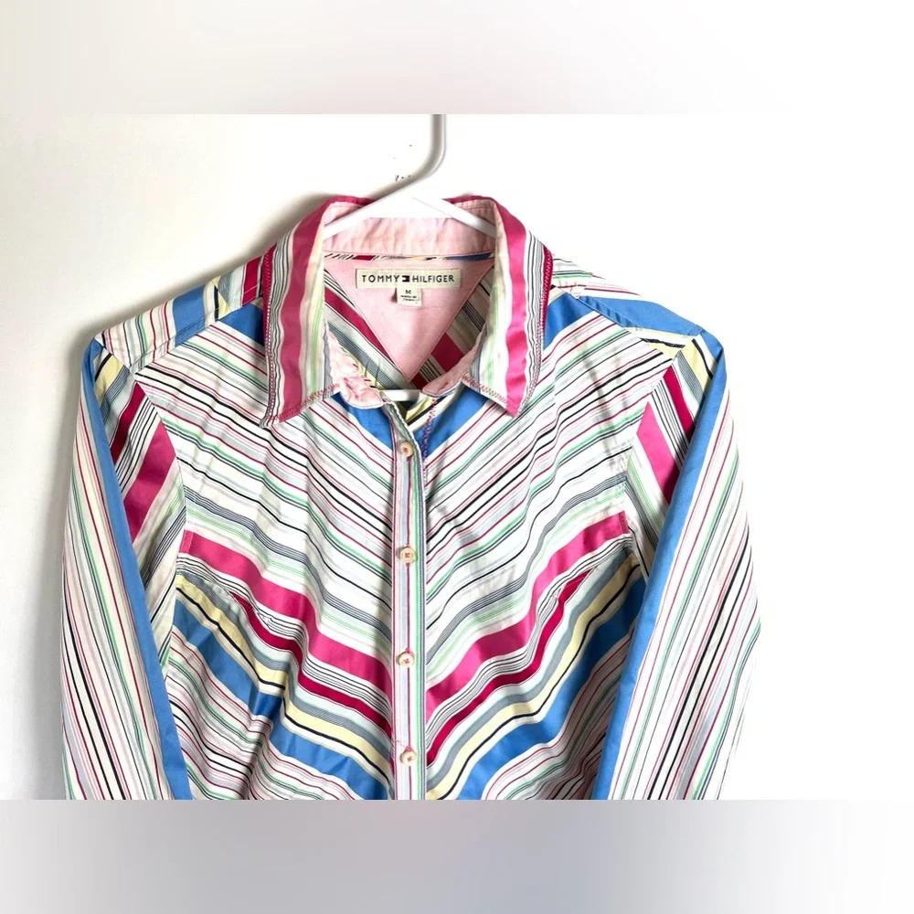 Vintage Tommy Hilfiger Women's‎ Y2K Striped Button Up Blouse Top Size Med 2004